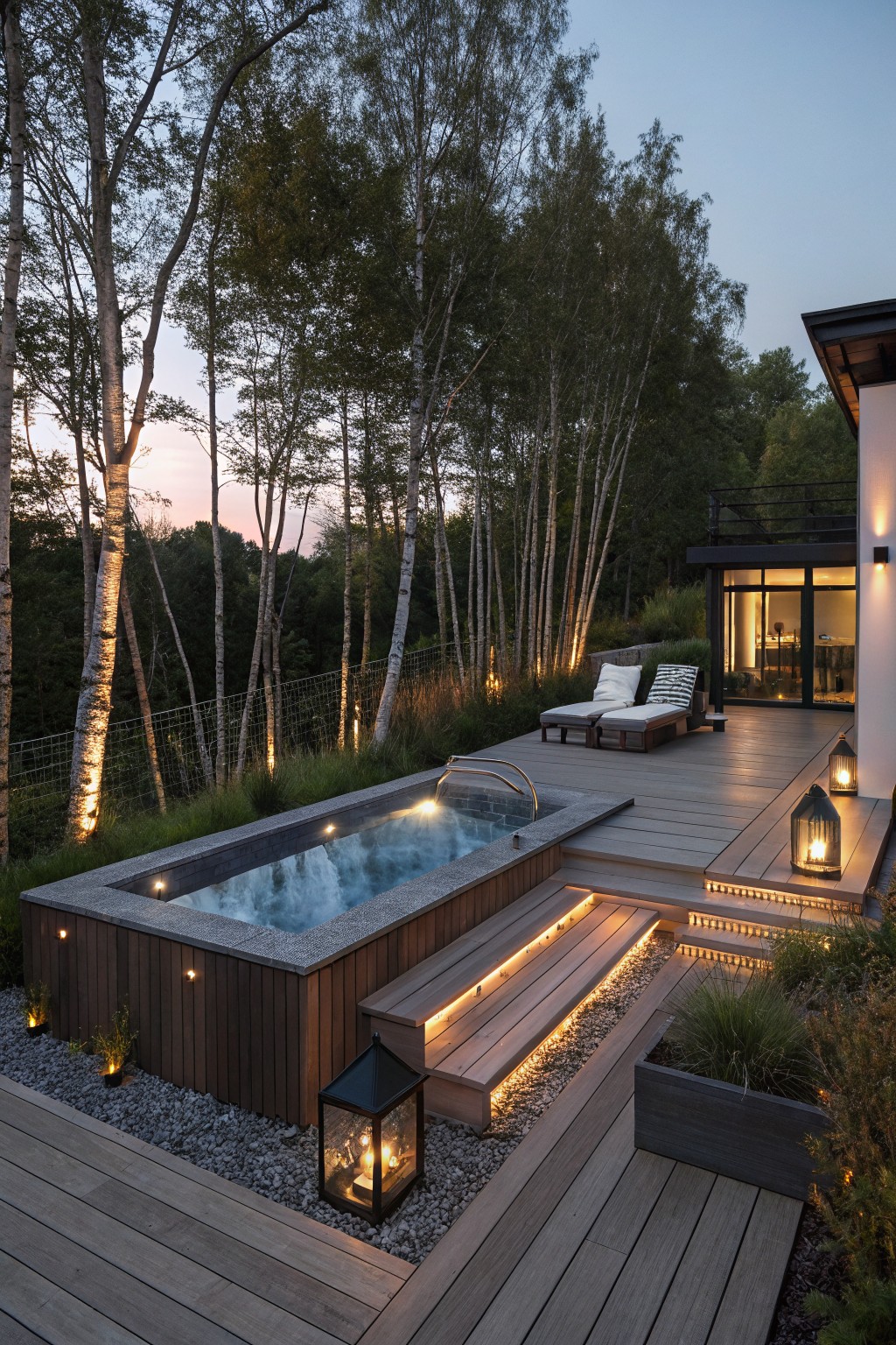Wooden deck at dusk with a rectangular inset hot tub filled with bubbling blue water, LED-lit steps leading to it, two cushioned lounge chairs, lanterns, gravel paths, grasses, birch trees, and a modern house with glass doors in the background.