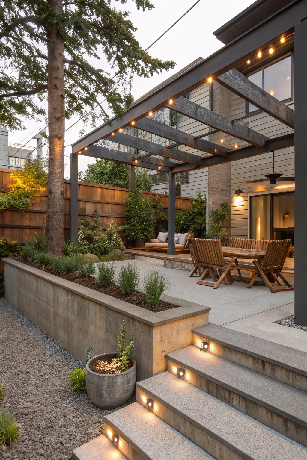 Backyard concrete patio under black metal pergola with wooden beams and string lights, featuring wooden benches and dining table, concrete steps with recessed lights, raised planters with grasses, gravel path, fence, and trees.
