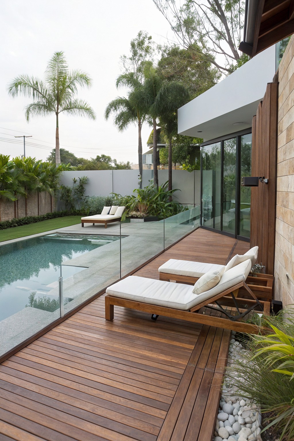 Wooden deck adjacent to a rectangular pool with turquoise water and glass railing, white sun loungers on the deck, tropical plants and trees around, modern house with large glass doors and stone walls nearby.