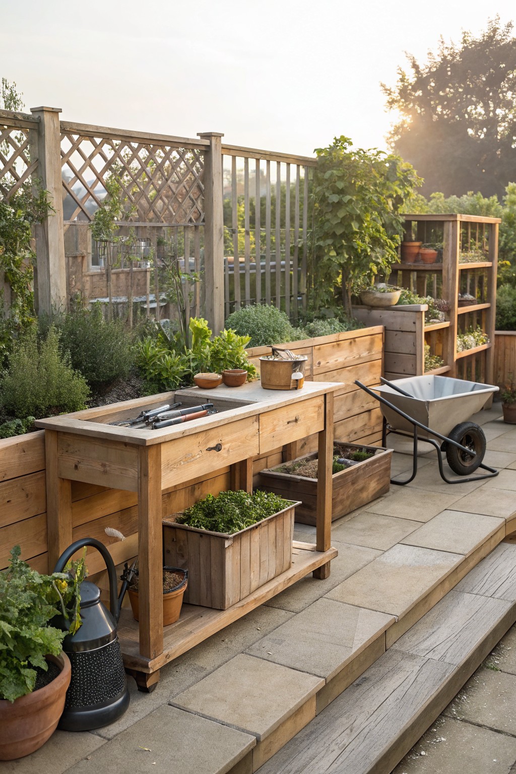 Wooden raised garden beds along a fence with an integrated potting bench and sink basin containing tools, surrounded by potted herbs and plants, wheelbarrow nearby on a stone patio with wooden steps.