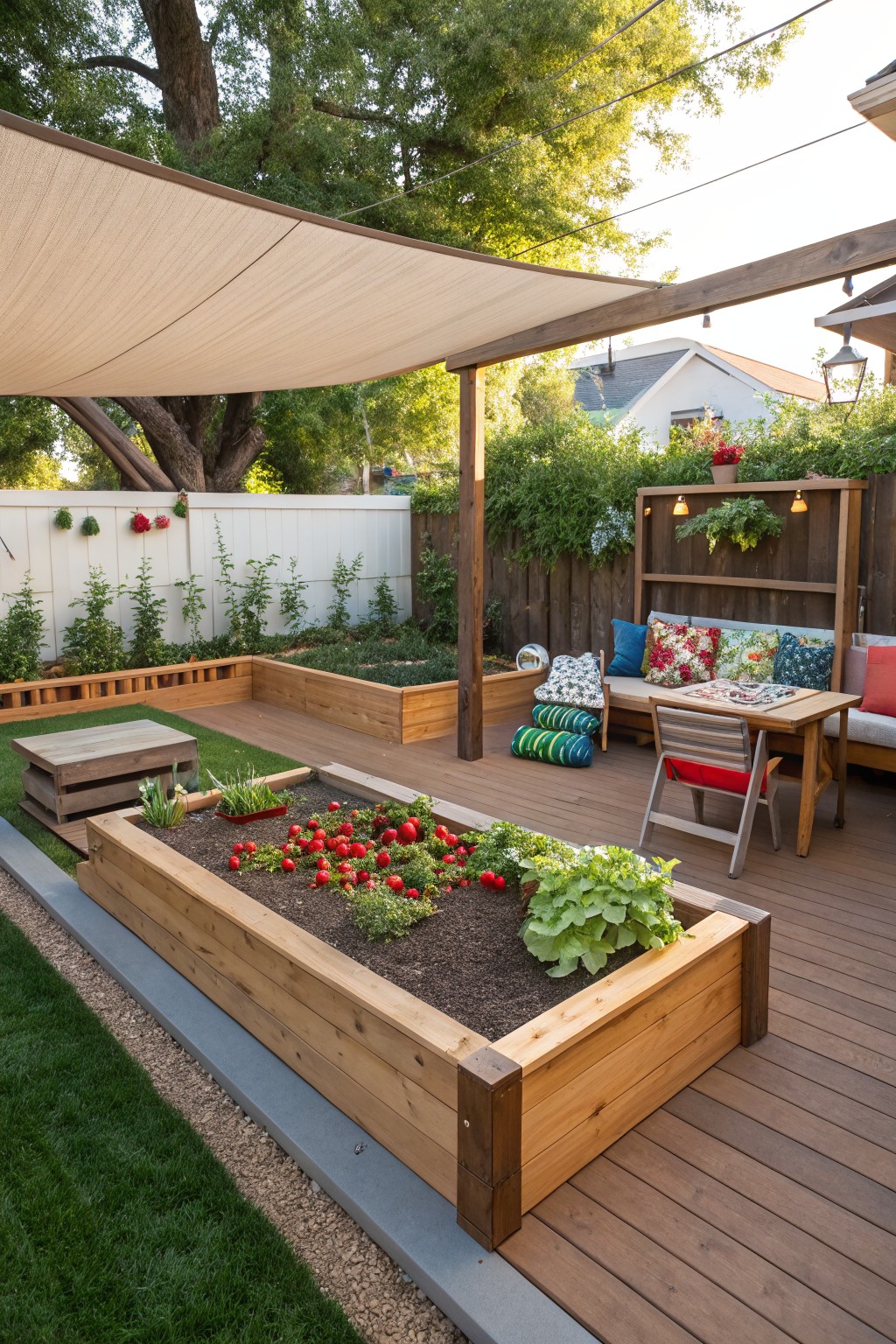 Wooden deck in a backyard with integrated raised planters filled with soil, tomatoes, lettuce plants, and herbs along the edges, next to a cushioned bench, folding chairs, small table, and shade sail overhead, bordered by white fence and greenery.