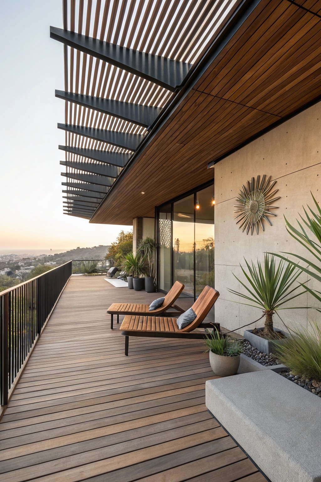 Wood deck balcony with black metal railing, two teak loungers with gray cushions, potted palms and agaves, beige stucco wall with sunburst decor, and slatted wood overhang over city view at dusk.