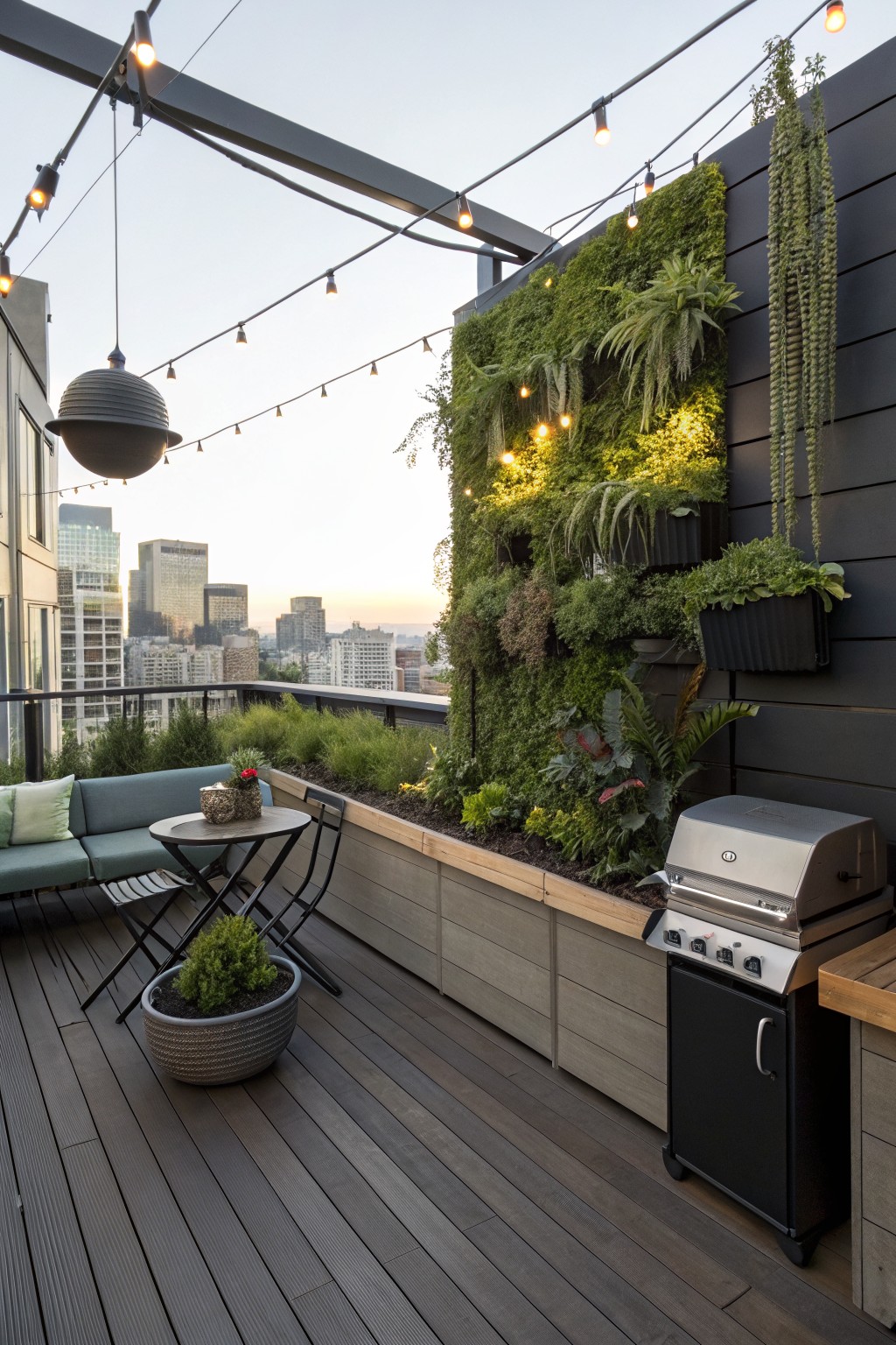 Rooftop balcony deck with dark wood flooring, teal outdoor sofa and table, potted plants, built-in edge planters with greenery, stainless steel barbecue grill, vertical living plant wall on black panel, string lights, pendant lamp, and city skyline view at dusk.