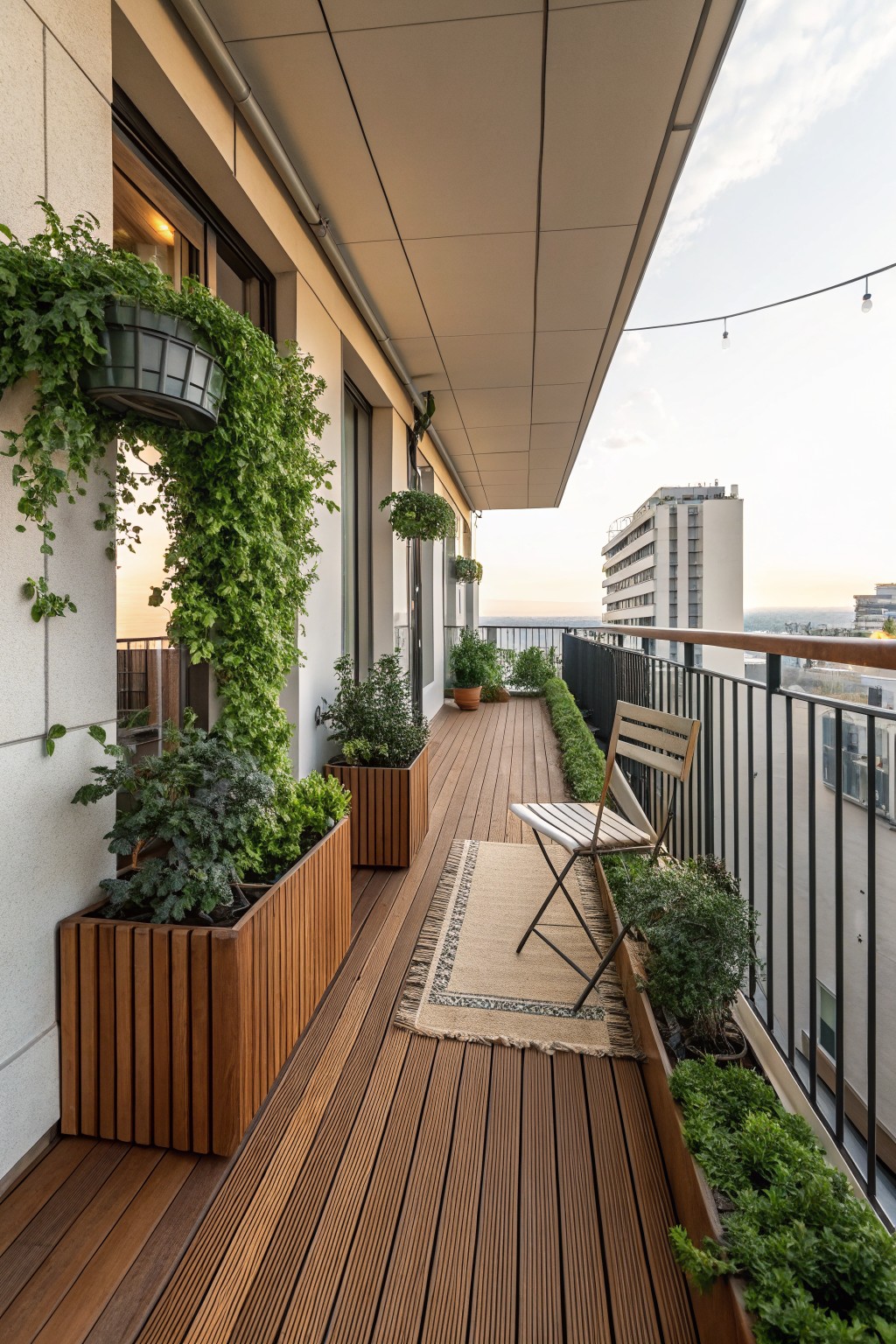 Long narrow balcony with brown wooden decking, edged by matching wooden planters filled with green plants and vines, two folding wooden chairs on a woven rug near black metal railing, overlooking city buildings at dusk.