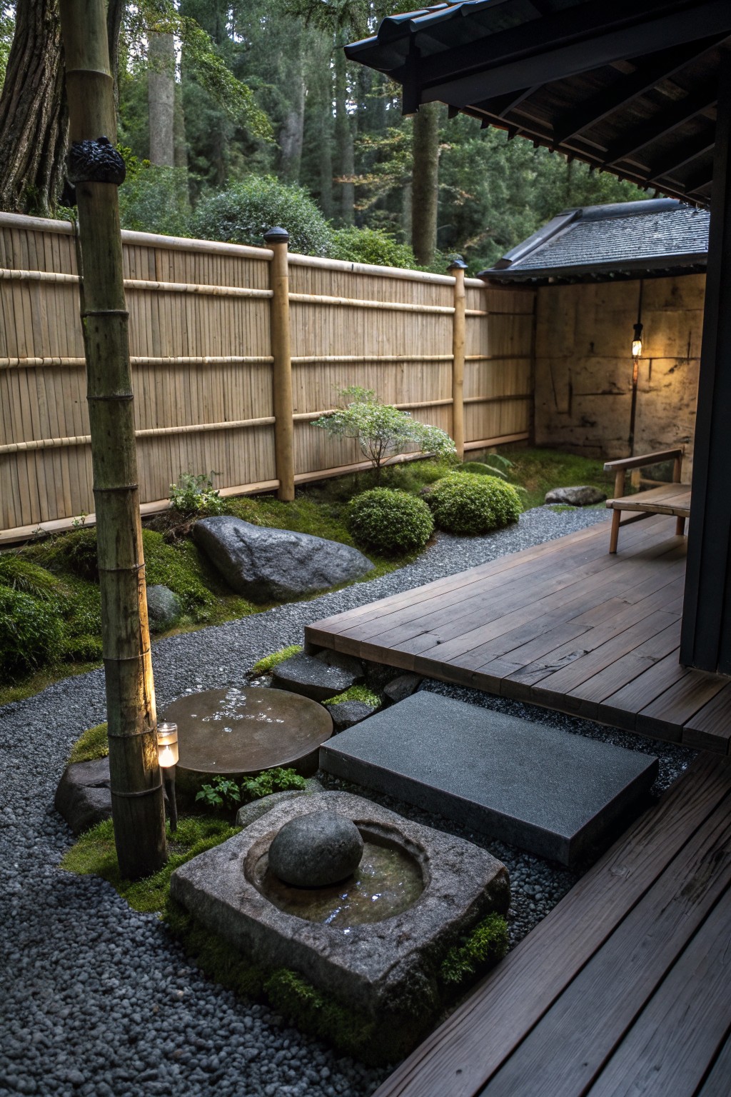 Japanese-style garden featuring a gravel path with moss, rocks, stone lantern, and basin, bordered by bamboo fence, leading to wooden deck steps beside a dark timber structure.