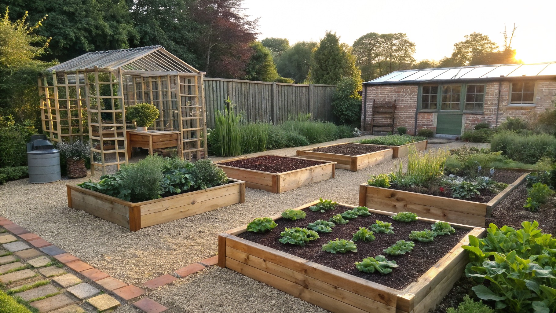Backyard vegetable garden with multiple rectangular wooden raised beds planted with crops like pak choi and seedlings, gravel paths between beds, stone slab walkways, wooden fences, and surrounding greenery.