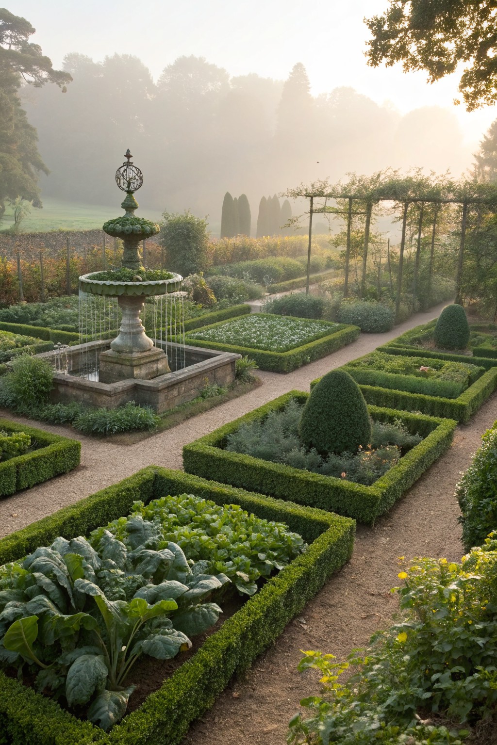 Formal parterre garden with boxwood hedge-bordered rectangular vegetable beds, central stone fountain with water flowing, gravel paths, and surrounding trees in morning mist.