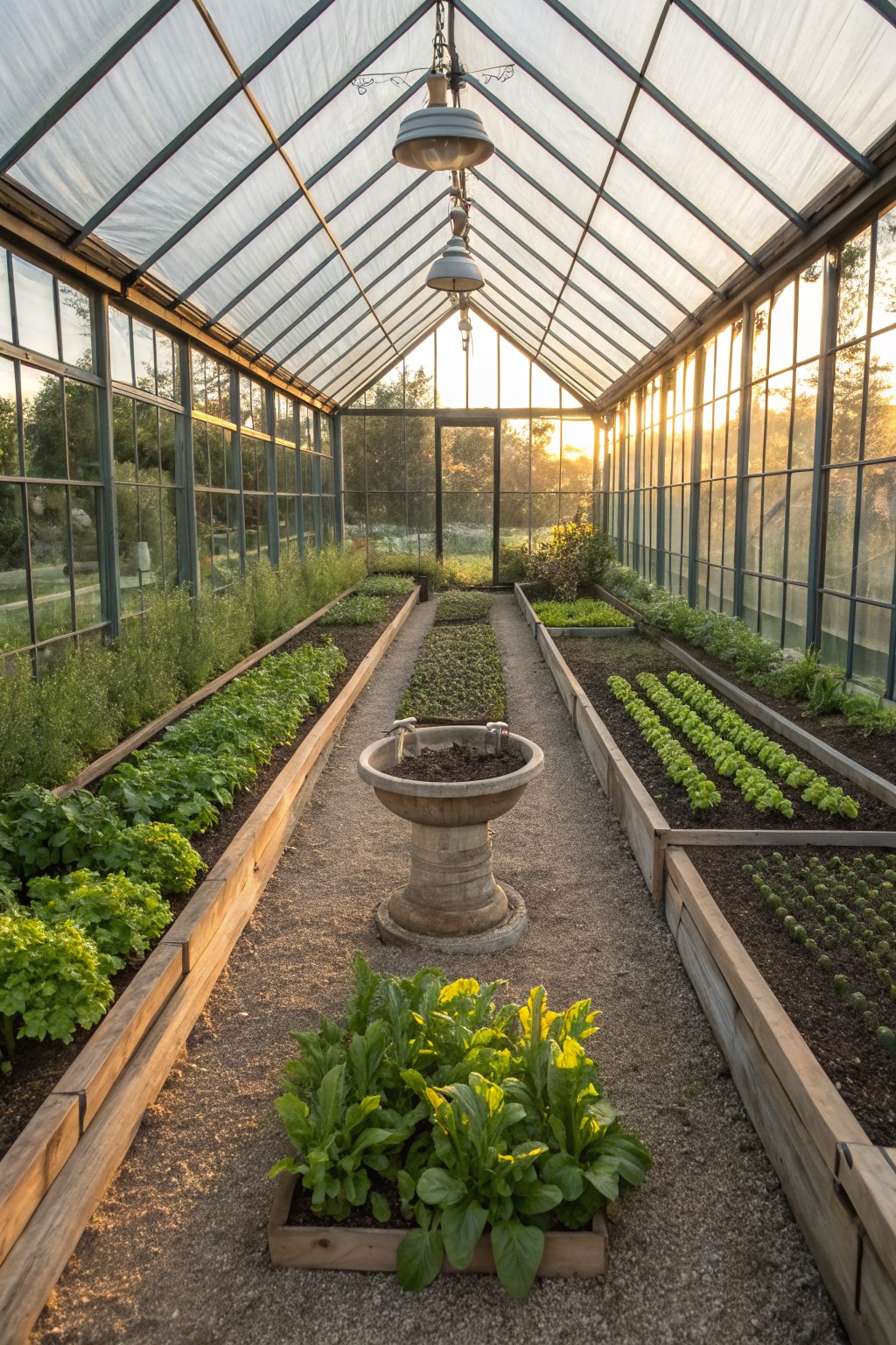 Greenhouse interior with wooden raised beds along both sides of a central gravel path, growing vegetables and herbs, and a stone fountain in the center.
