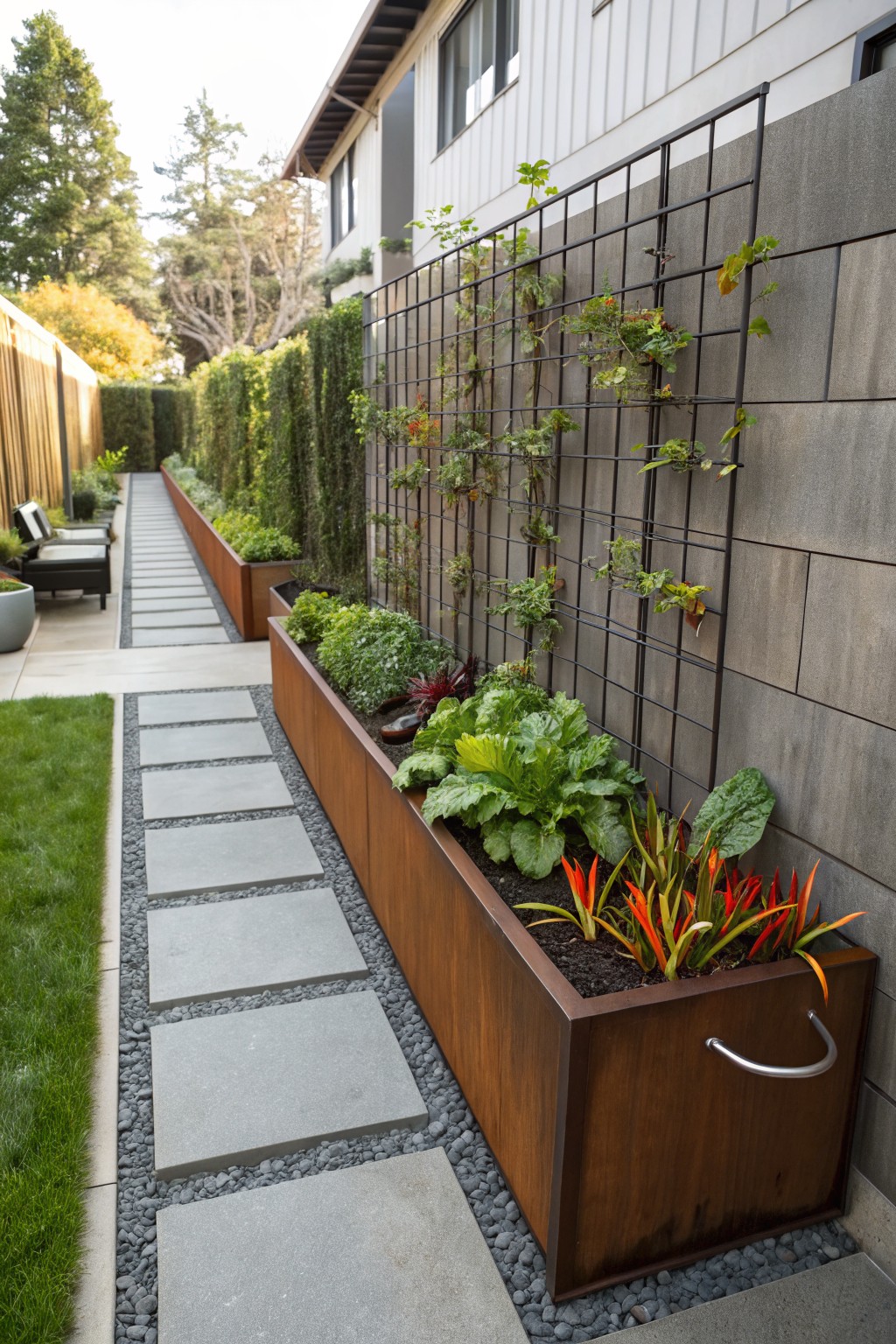 A backyard pathway with gray stone pavers and gravel edging, lined by long rectangular corten steel raised planters filled with vegetables like beets, chard, herbs, and colorful croton plants, next to a black metal trellis with climbing vines against a concrete block wall.