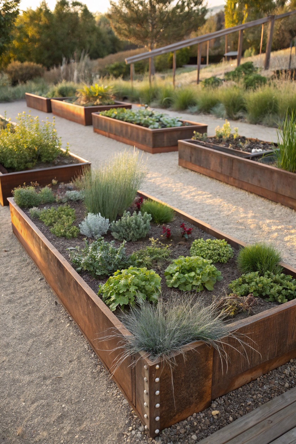 Rectangular raised garden beds constructed from rusted corten steel filled with vegetables, herbs, and ornamental grasses, arranged in rows separated by gravel paths in a backyard landscape with surrounding trees and hills.