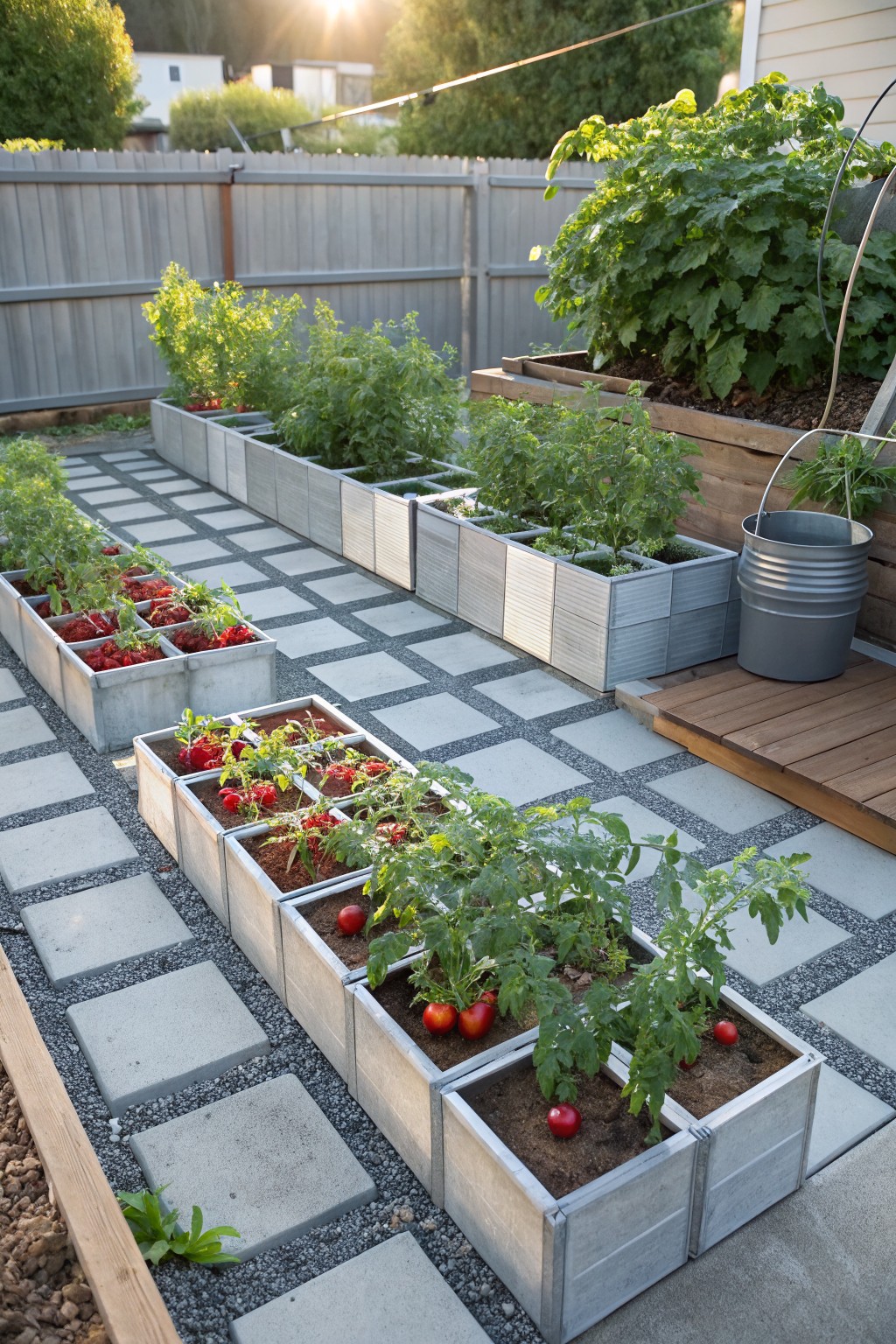 Backyard vegetable garden with multiple rectangular galvanized metal raised beds containing tomato plants and soil, arranged in rows along a pathway of gray pavers and gravel, near a wooden fence and other plants.