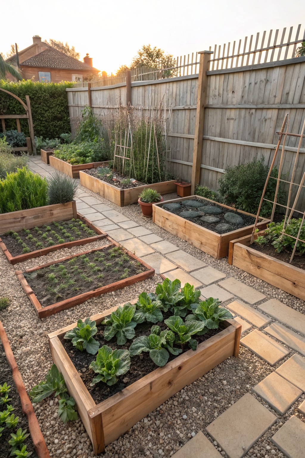 Backyard vegetable garden with multiple rectangular wooden raised beds planted with crops like pak choi and seedlings, gravel paths between beds, stone slab walkways, wooden fences, and surrounding greenery.