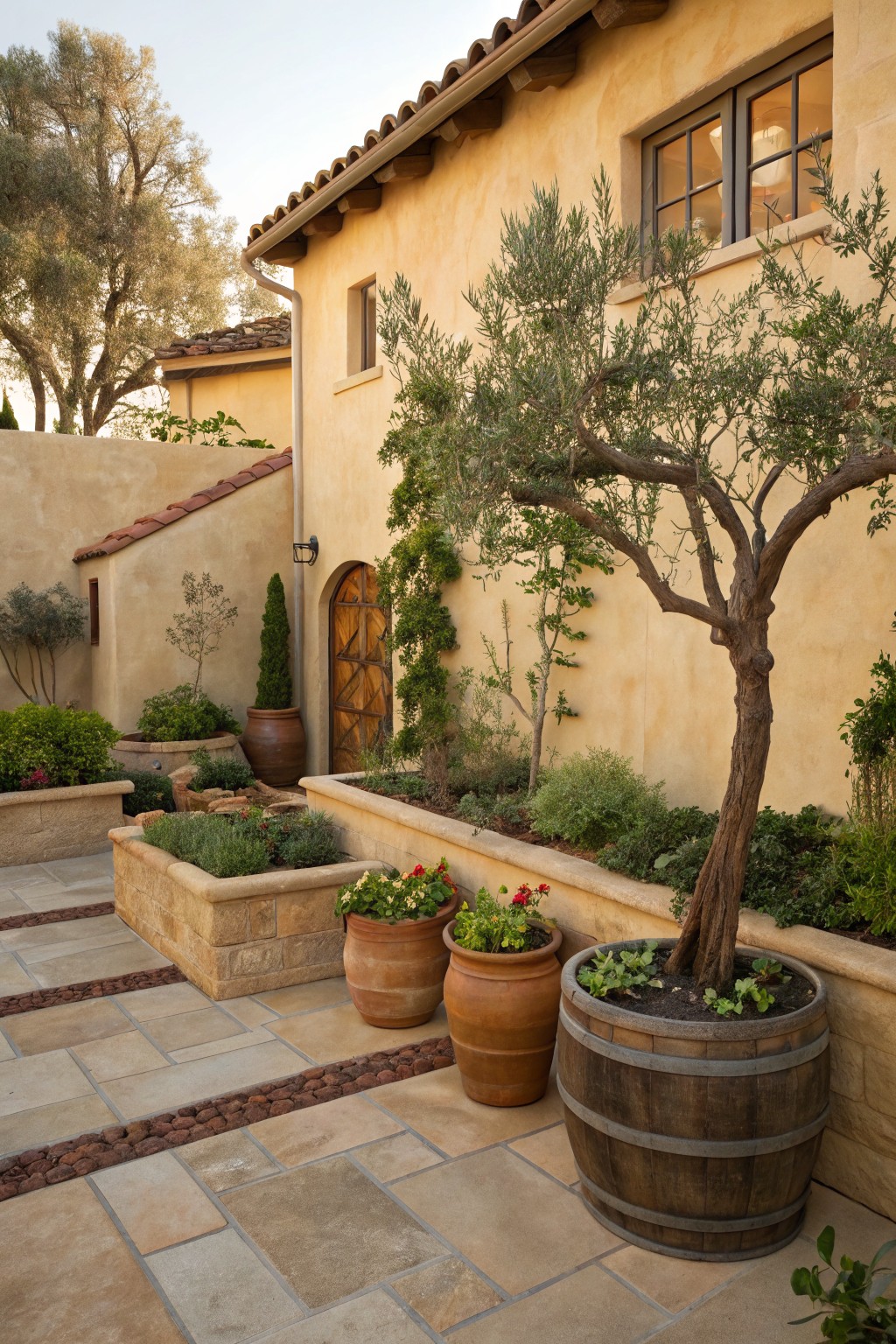 Beige stucco exterior wall of a house with terracotta tile roof, arched wooden door, mature olive tree, raised stone planters filled with vegetables and herbs, terracotta pots, whiskey barrel planter, and stone paver walkway with gravel borders in a backyard courtyard.