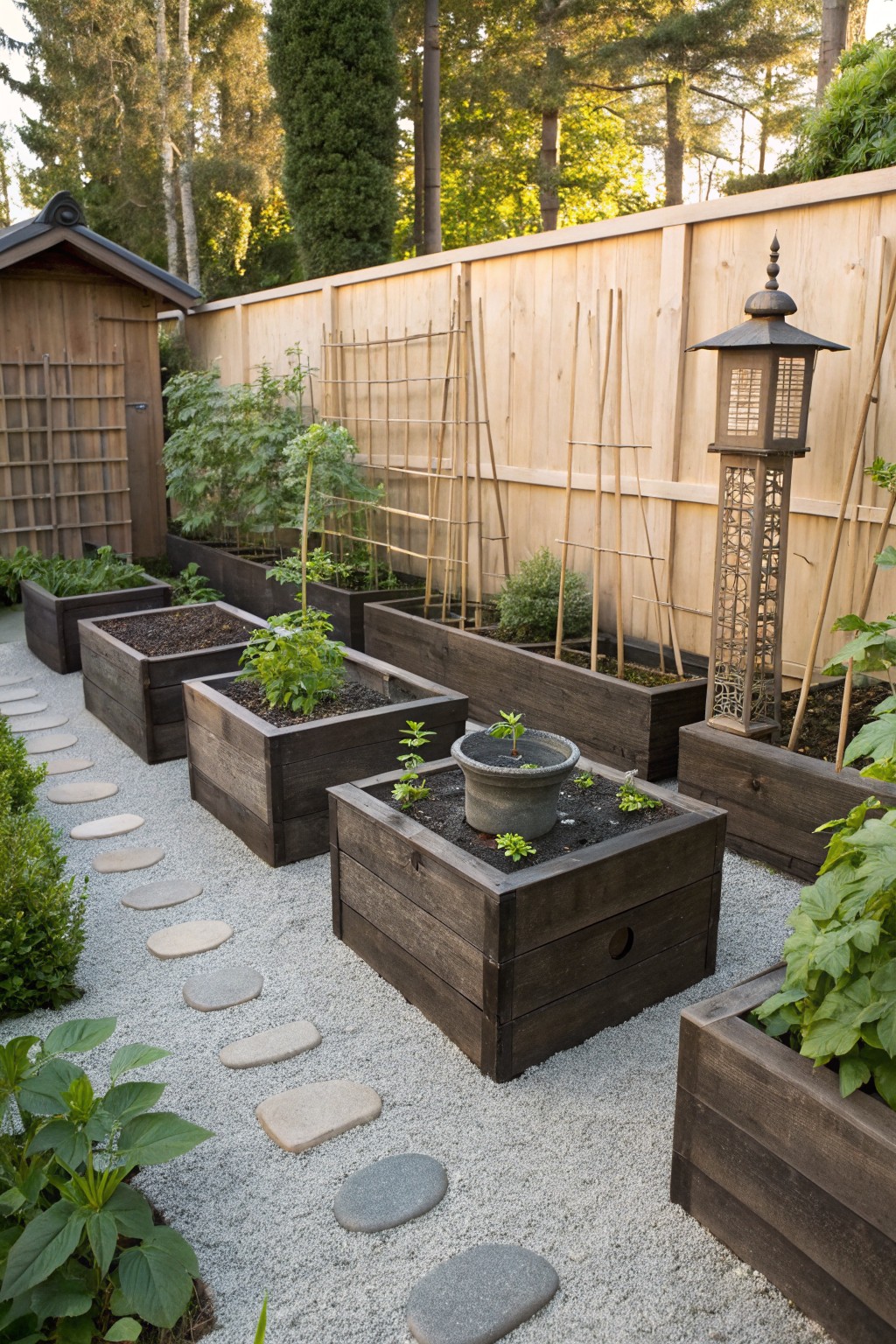 Wooden raised garden beds arranged in a row along a gravel path with irregular stepping stones, containing various young vegetable plants on bamboo supports, next to a wooden fence, small shed, and tall lantern in a backyard setting.