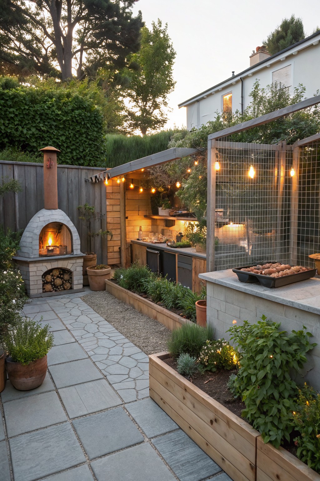 Backyard outdoor kitchen area featuring a stone wood-fired oven, wooden counters and cabinets, raised wooden planters with herbs and greens, a gravel path edged with irregular pavers, and a pergola structure with string lights.