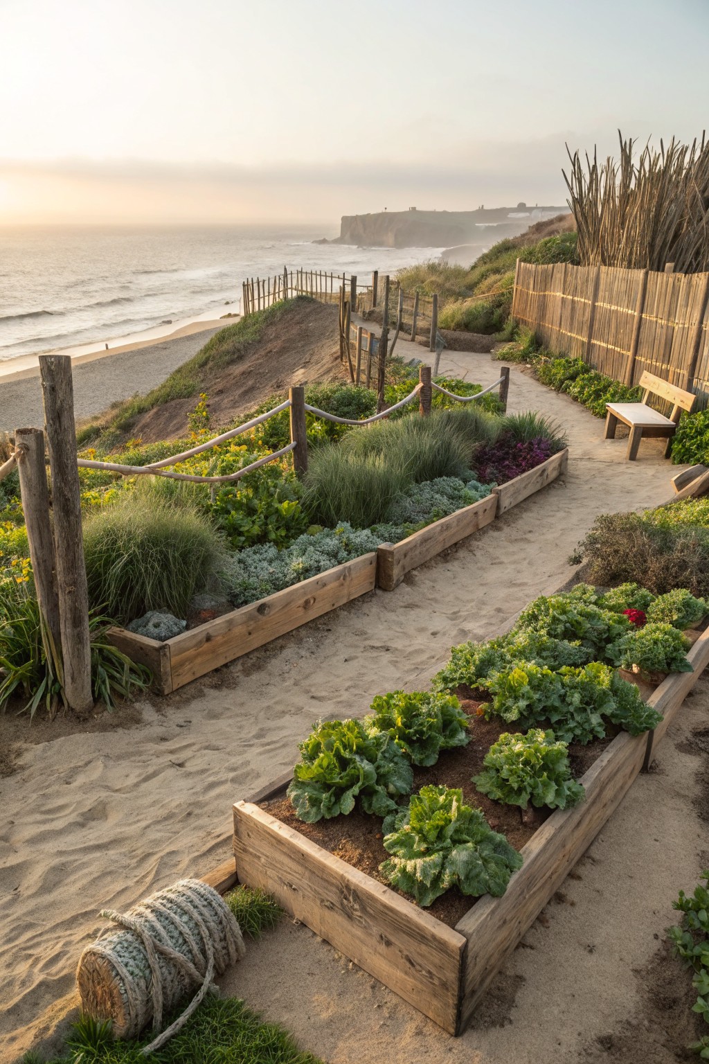 Wooden raised garden beds planted with lettuce, greens, and other vegetables line a sandy path on a coastal dune overlooking the ocean, with bamboo fencing, rope details, and driftwood posts.
