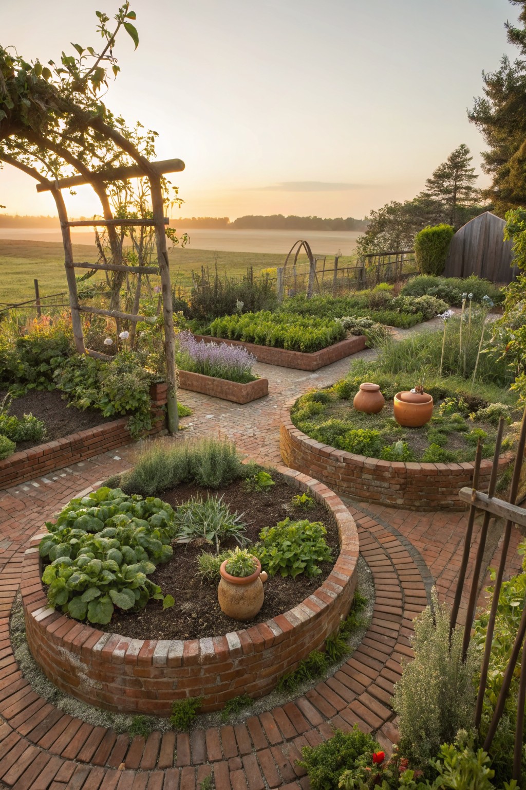 Angled view of a backyard vegetable garden with rectangular and circular raised brick beds planted with herbs and vegetables, winding brick paths, a wooden vine-covered arch, terracotta pots, and distant fields at sunset.