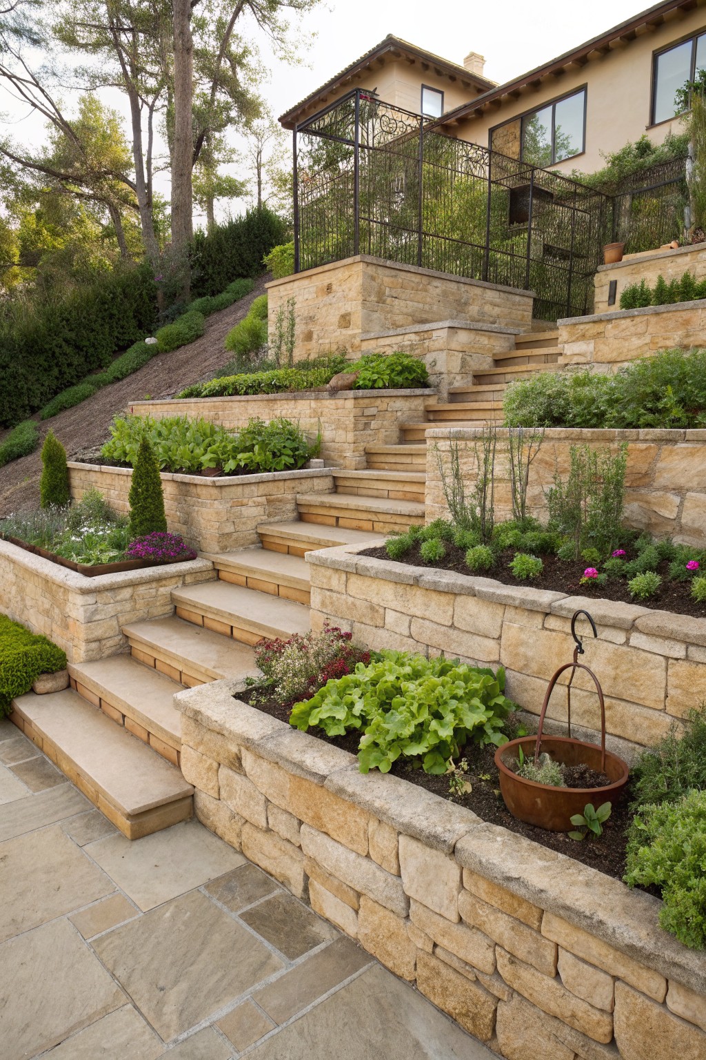 Sloped backyard with multi-level stone retaining walls planted as raised beds with herbs, vegetables, and flowers, stone stairs ascending to a house above, surrounded by trees and shrubs.