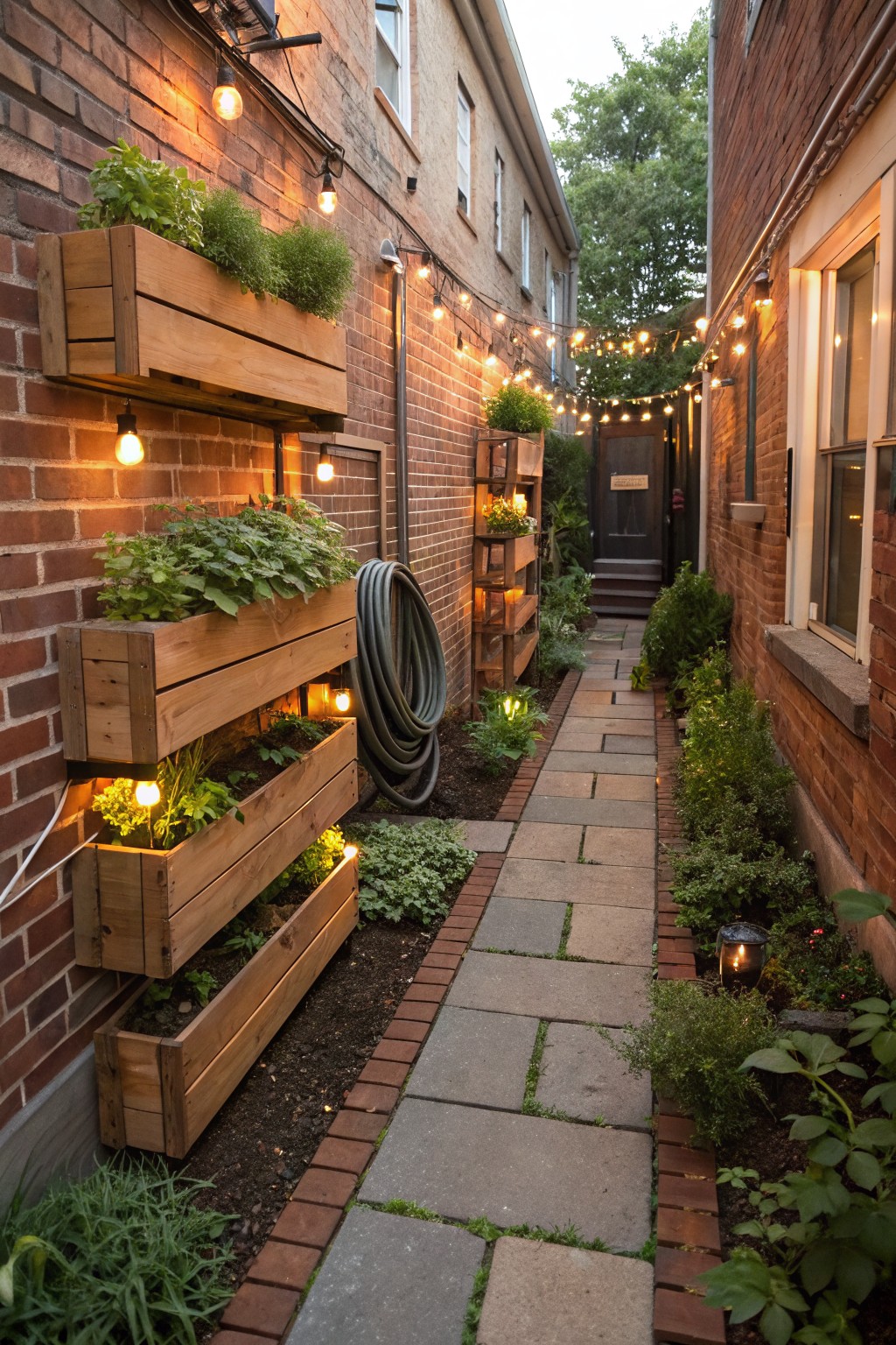 Narrow brick alleyway with stacked wooden planters mounted on one wall growing herbs and vegetables, string lights overhead, stone paver path down the center, and coiled hose nearby.