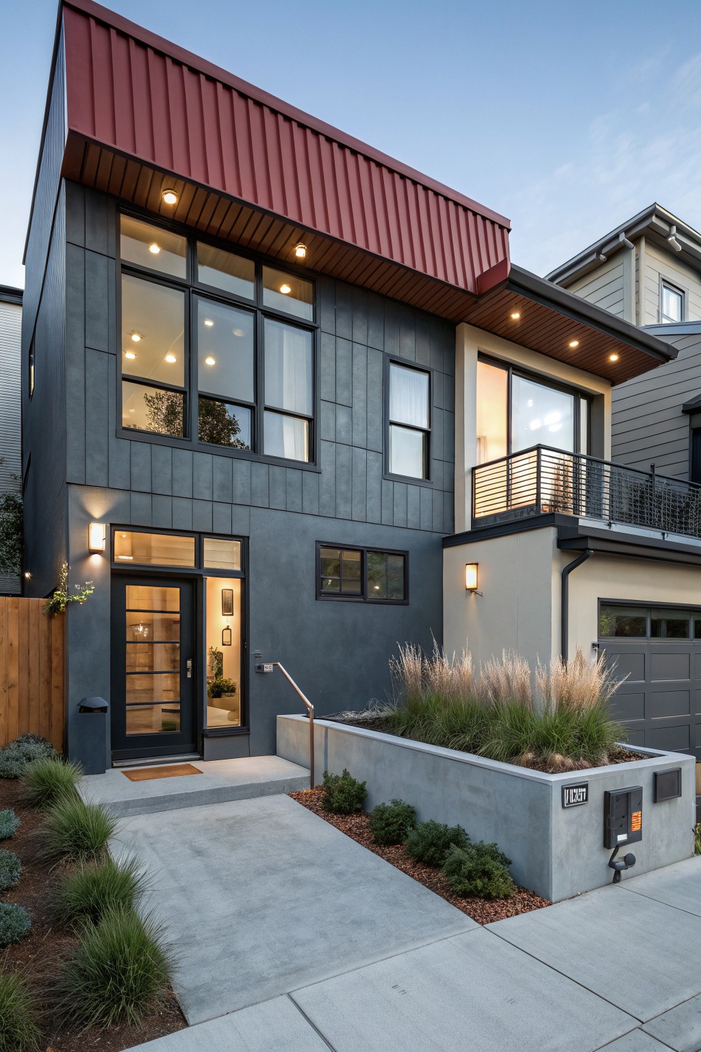 A modern house with dark charcoal gray siding and a red metal roof.