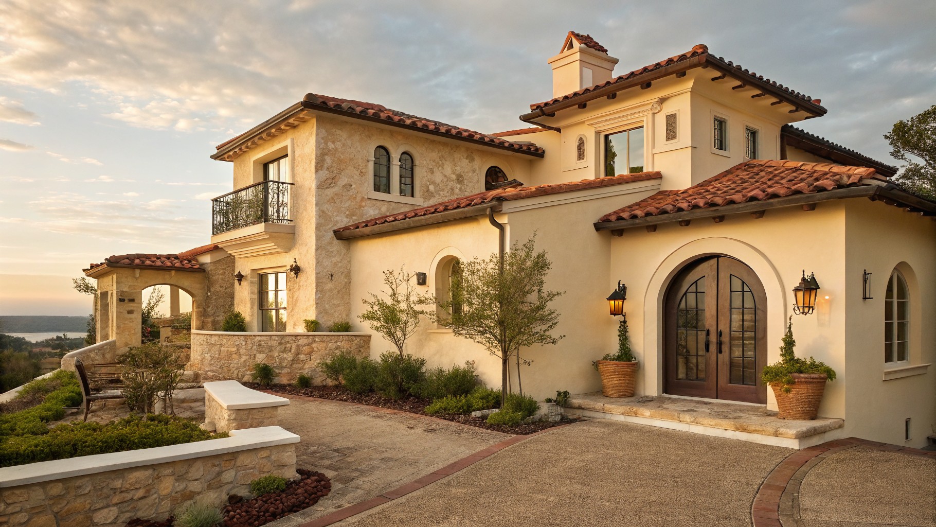 A house exterior with warm beige stucco walls and a red tile roof.