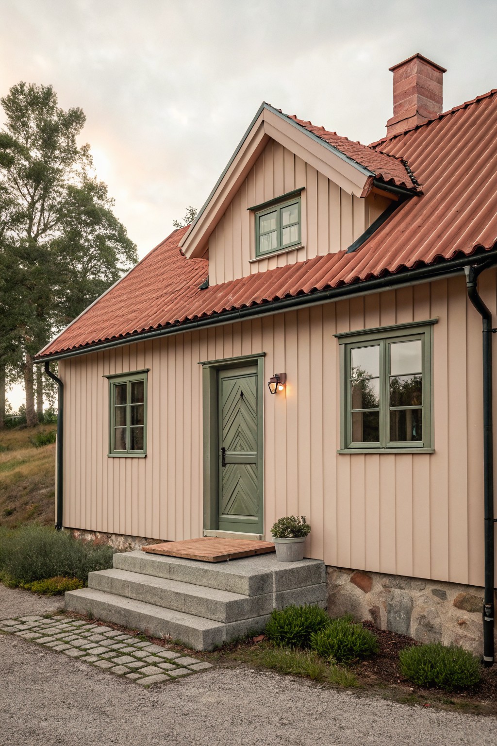 A house exterior painted in soft warm beige with a red metal roof.