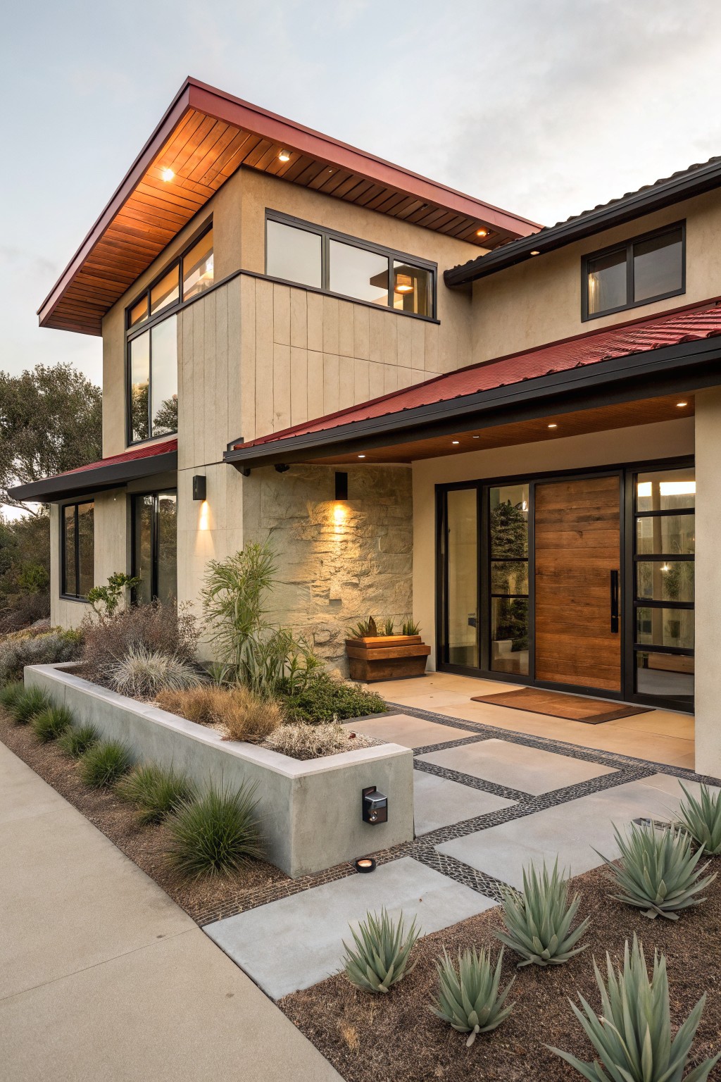 House exterior with warm beige siding and a red roof.