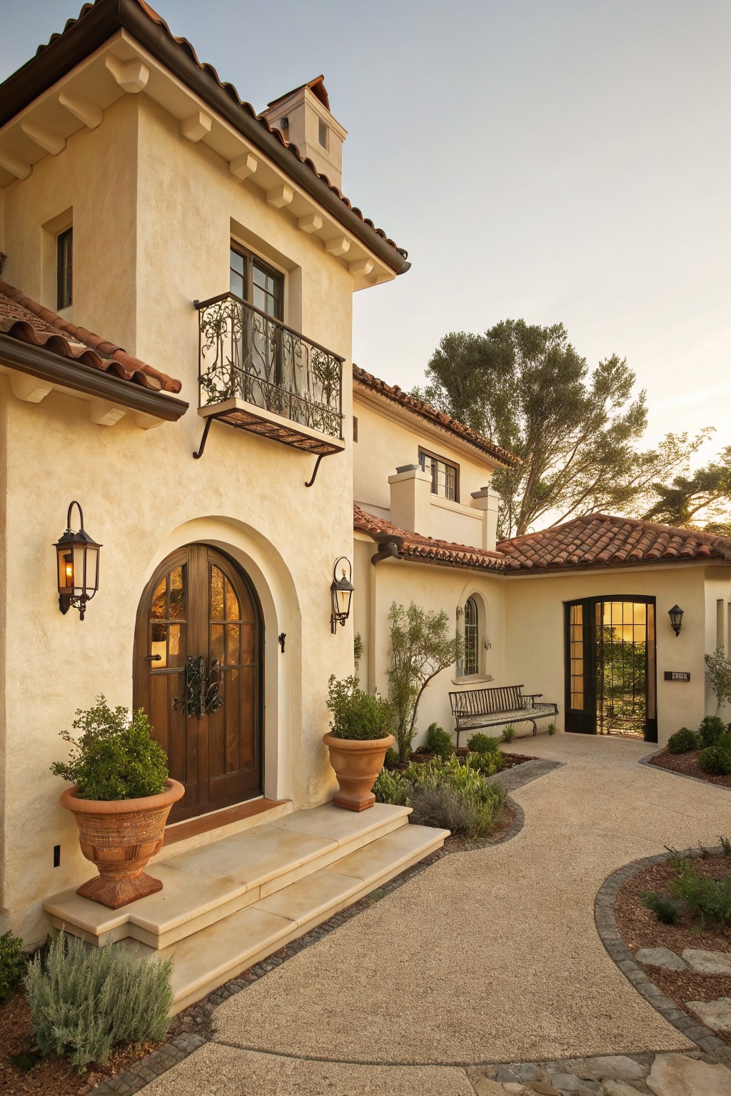 A house exterior with warm beige stucco walls and a red tile roof.