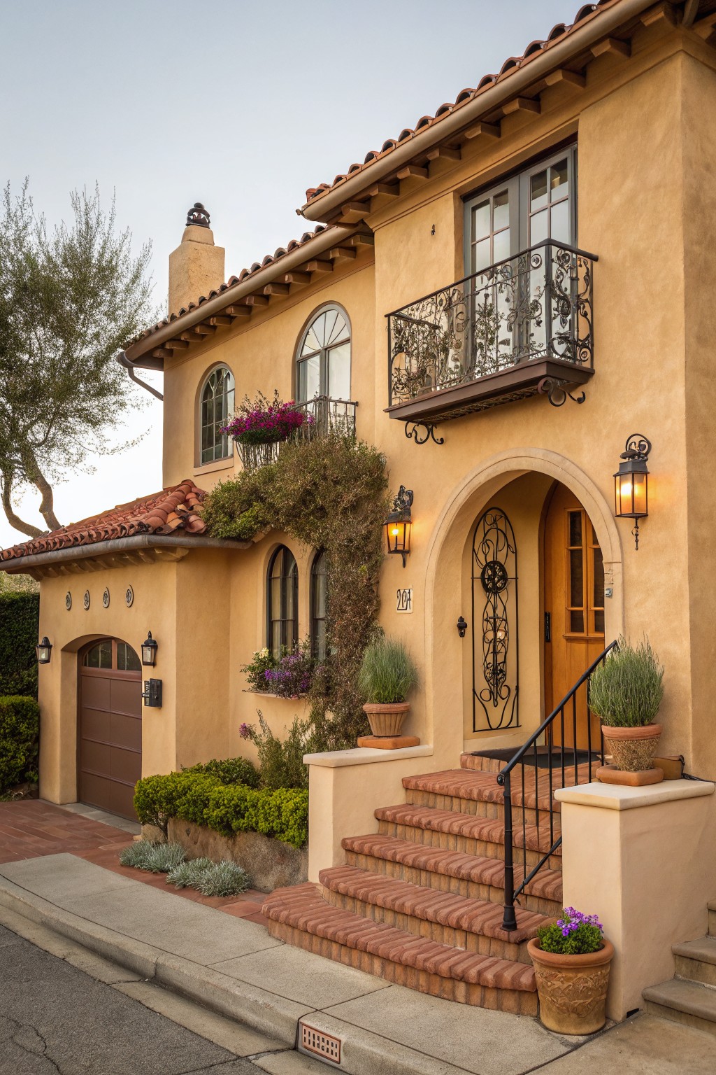 Stucco exterior walls painted in a warm sandy beige that complements a red tile roof.