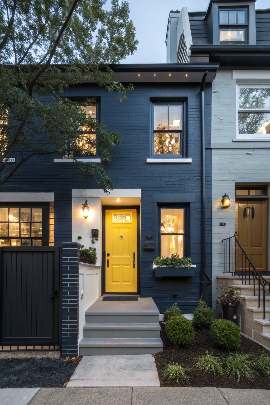 A dark navy blue painted brick house exterior with gray steps and a bright yellow front door.