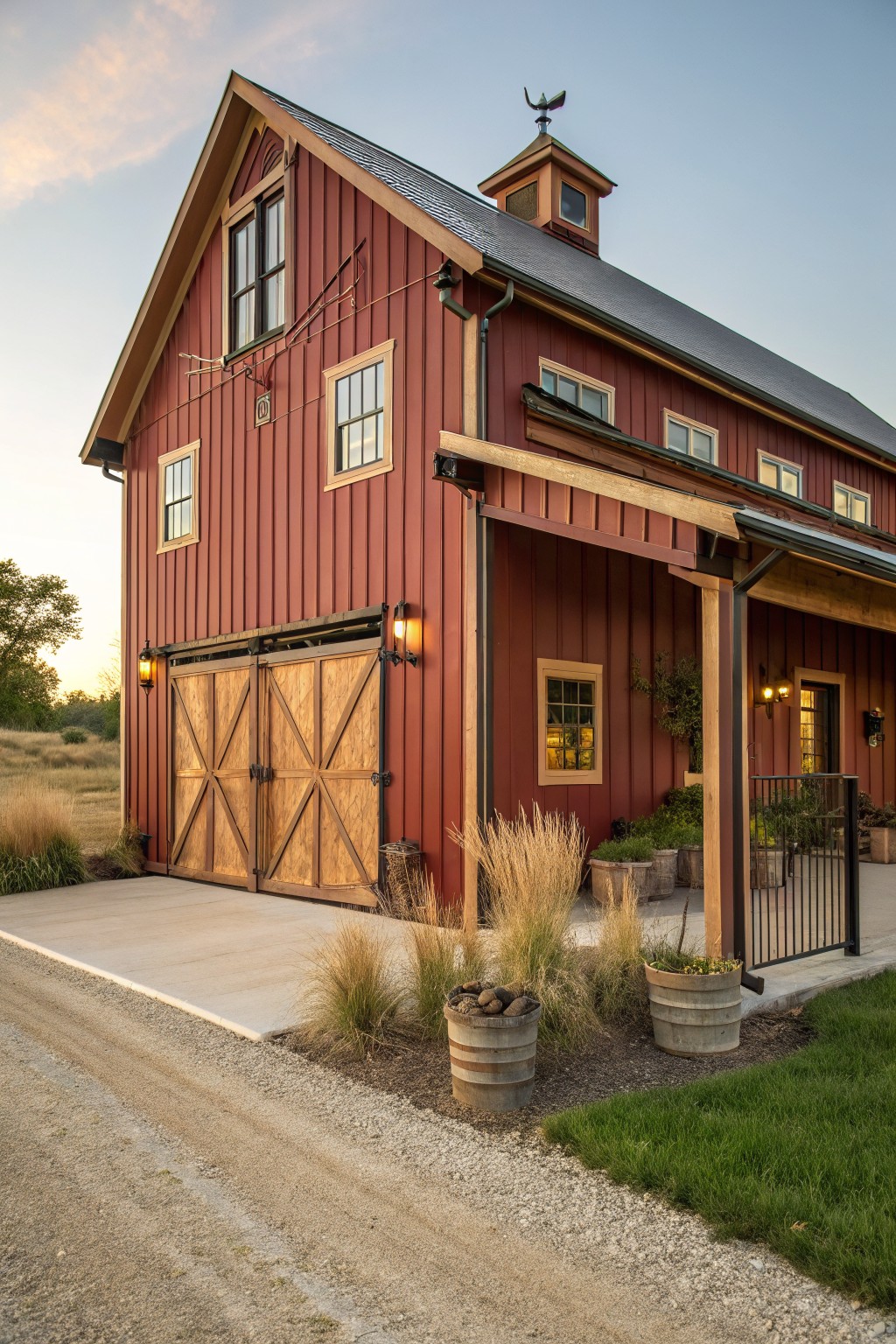 A red barn-style house exterior with wooden doors and trim.