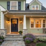 A house with soft sage green siding and white trim on the exterior.