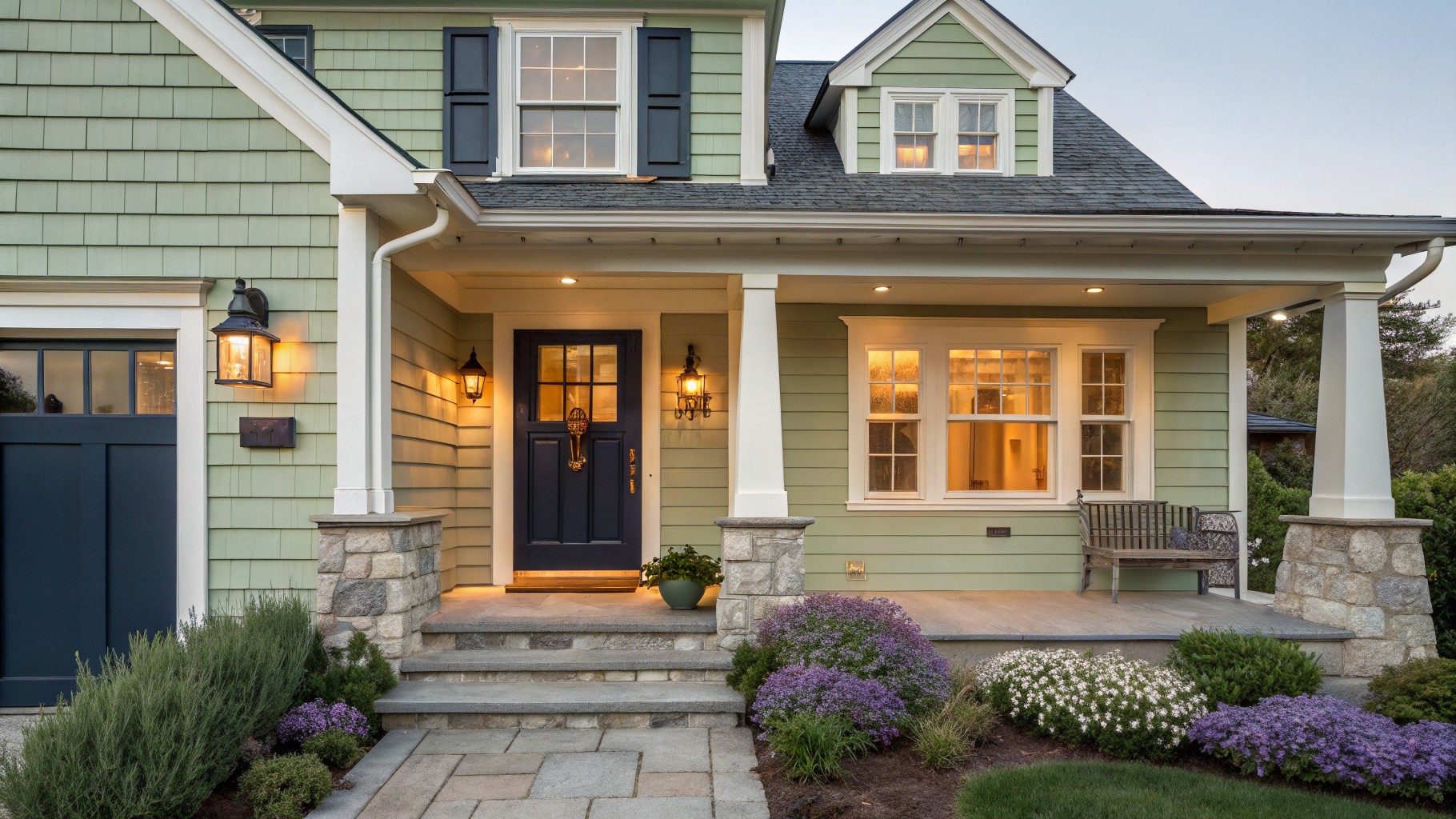 A house with soft sage green siding and white trim on the exterior.