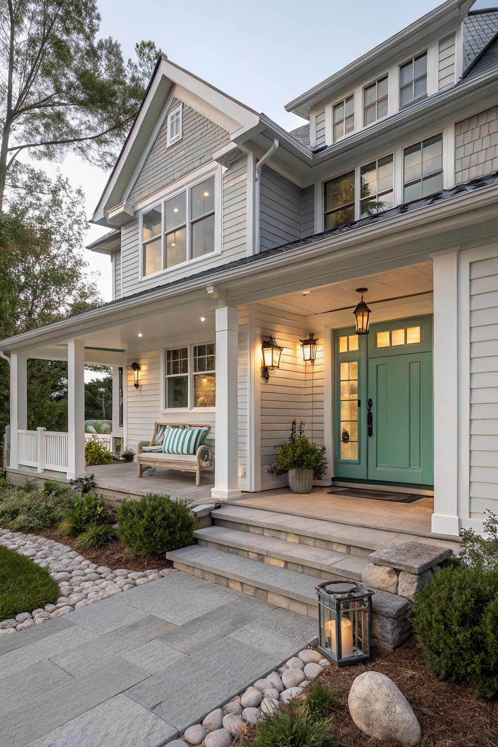 House exterior with soft blue-gray siding and white trim.