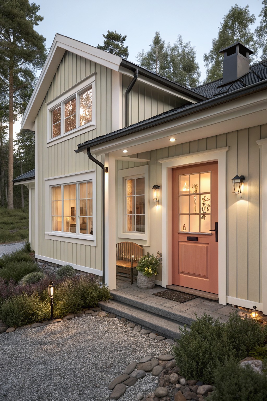 A house exterior painted in soft sage green siding with white trim and a coral door.