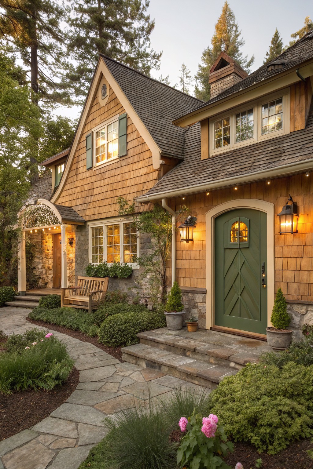 A house exterior with warm golden brown wood siding next to a green front door.