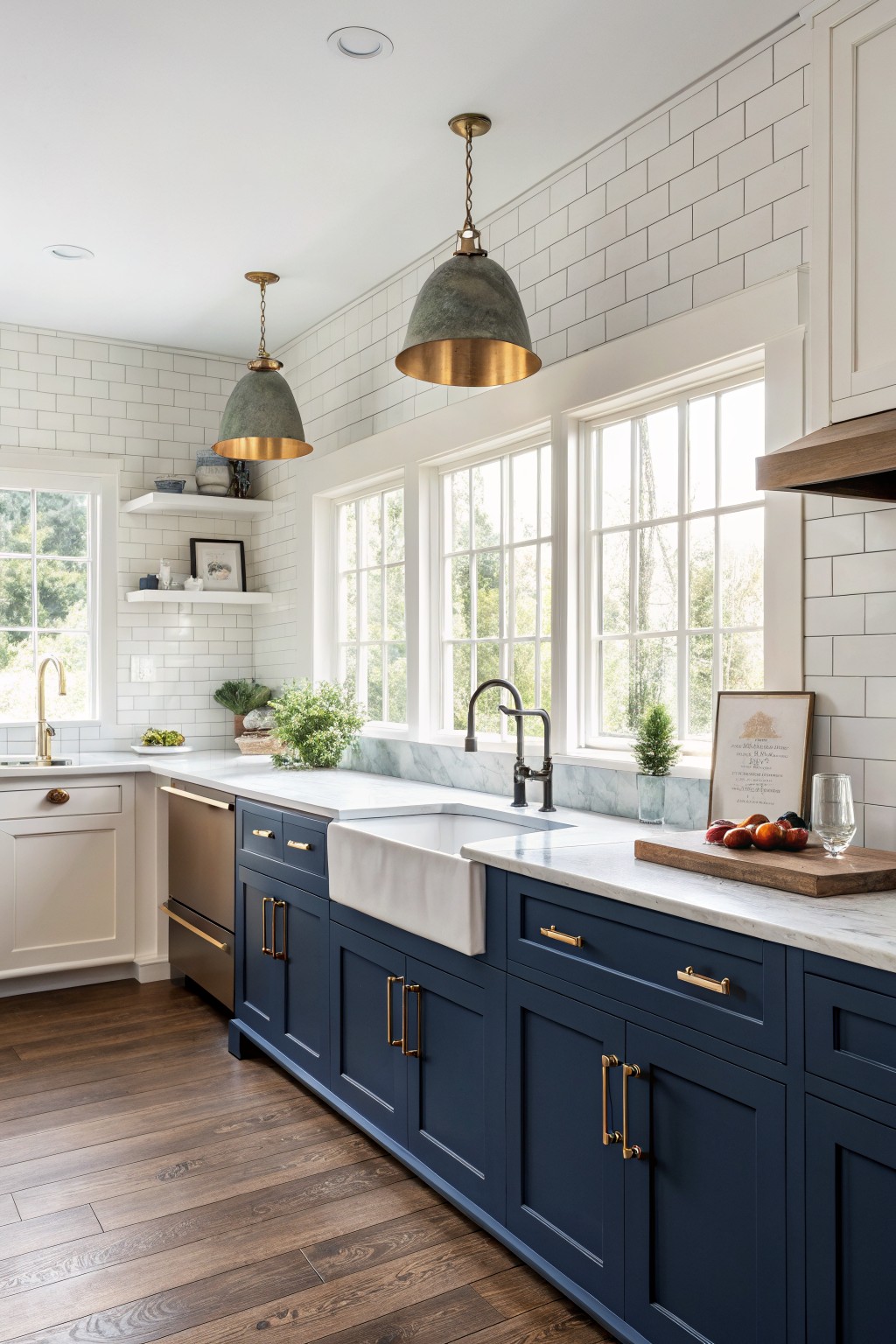 A kitchen featuring deep navy blue cabinets paired with white marble countertops and subway tile.