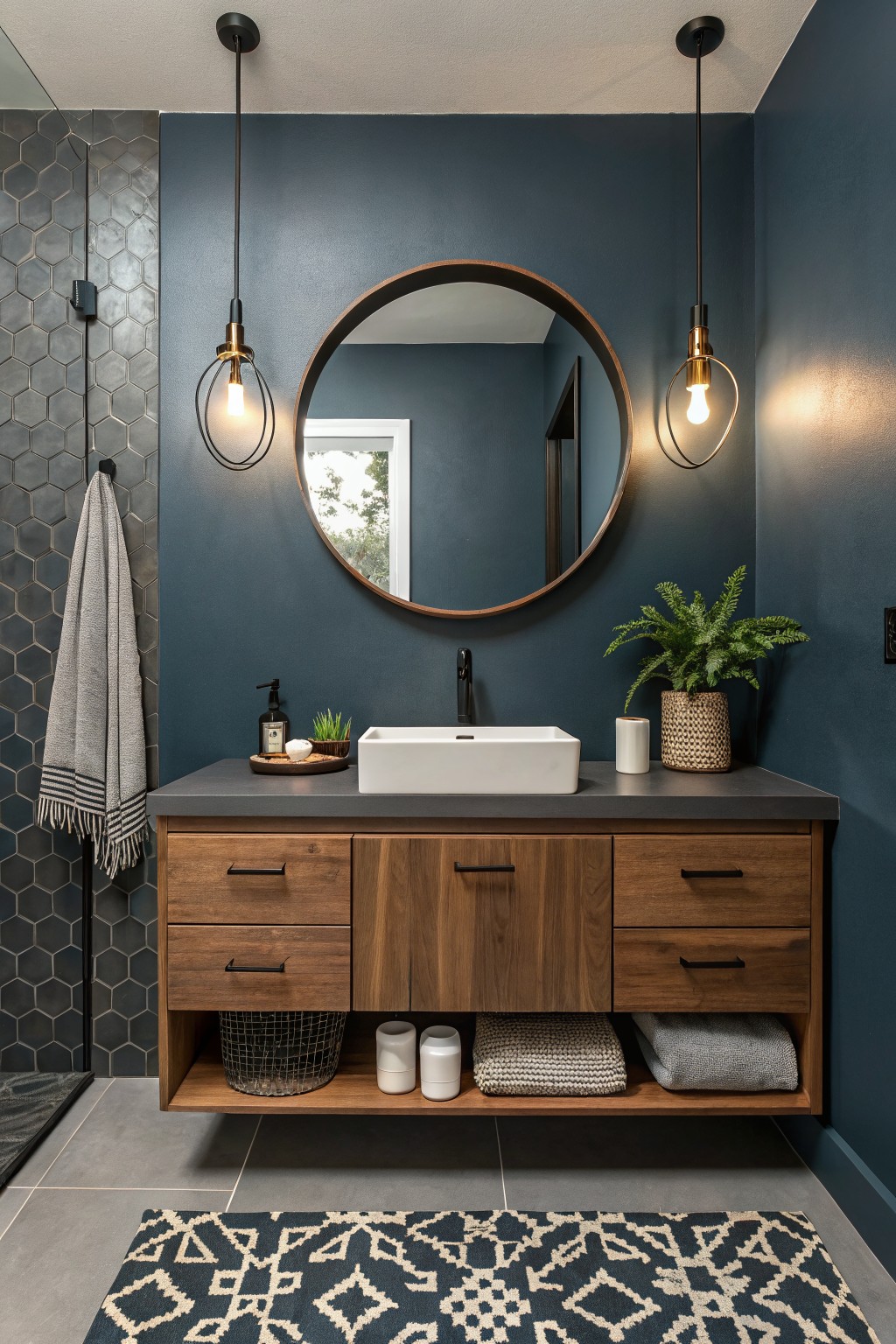A bathroom with deep navy walls and a floating wood vanity.