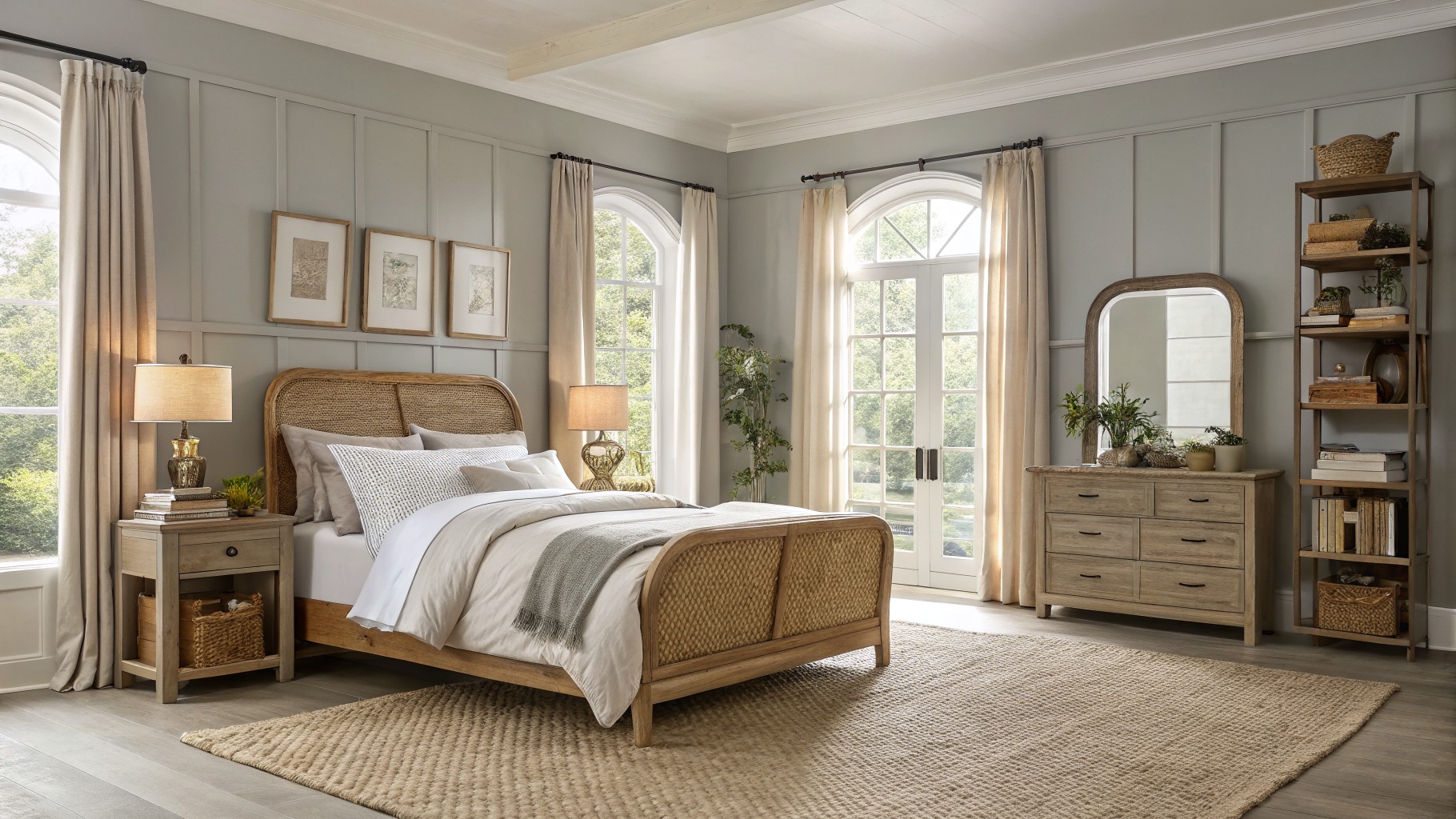 A bedroom with soft greige walls and a light wood bed frame.