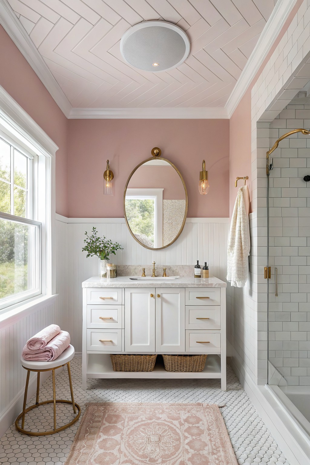 Bathroom walls painted in a soft warm pink above white beadboard.