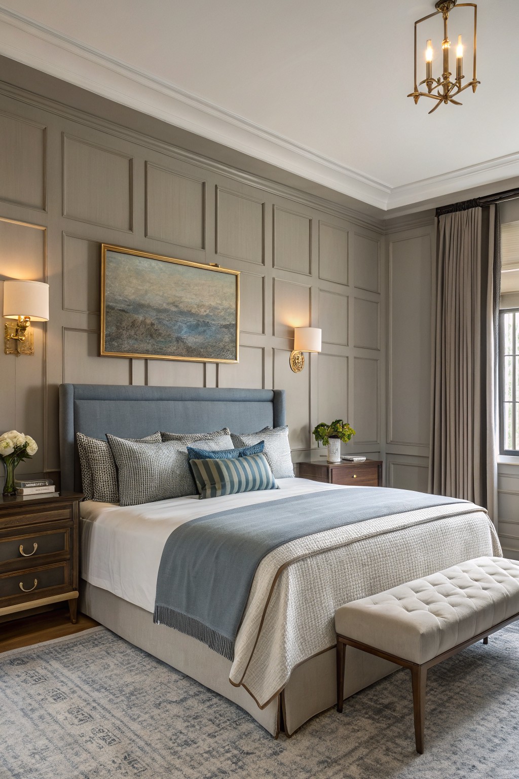 A bedroom featuring soft greige paneled walls with a large upholstered bed.