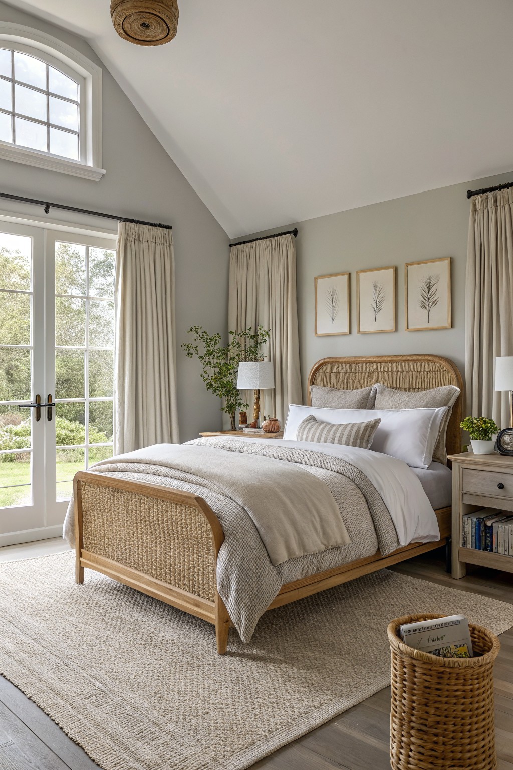 A bedroom with soft greige walls and a light wood bed frame.