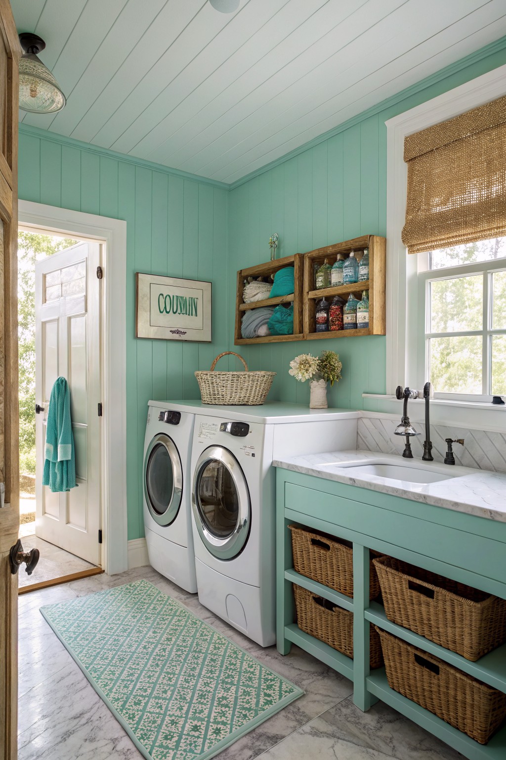 Soft mint green walls in a laundry room with white trim and a marble sink.