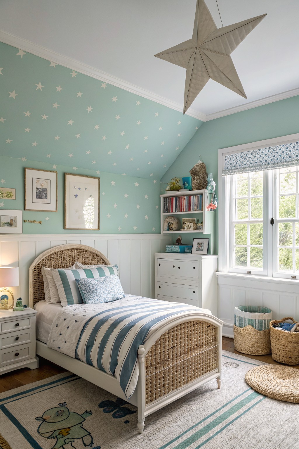 Light mint green walls in a bedroom with white wainscoting and a wooden floor.