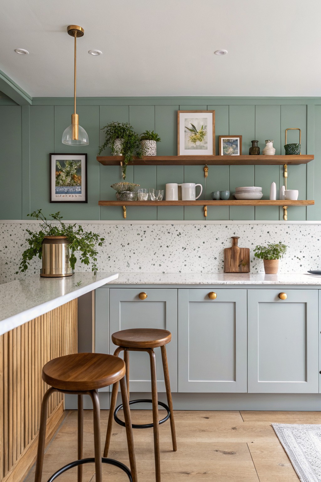 Soft sage green walls above light gray cabinets with wooden floating shelves in a kitchen.