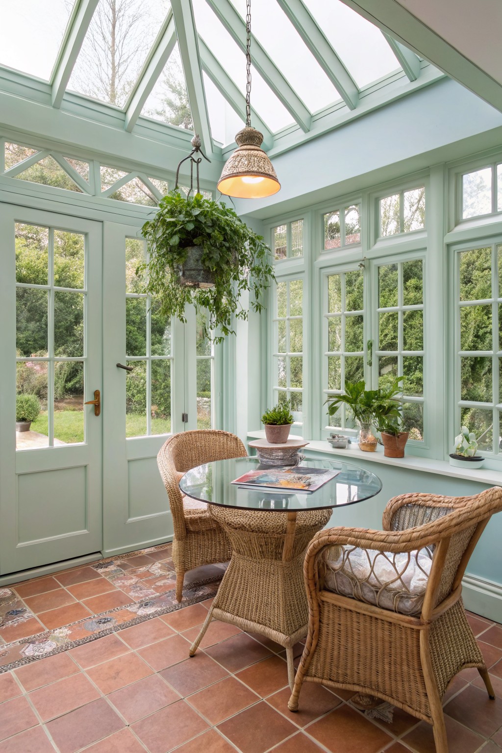 A sunroom with soft sage green walls, wicker chairs, and a glass ceiling.