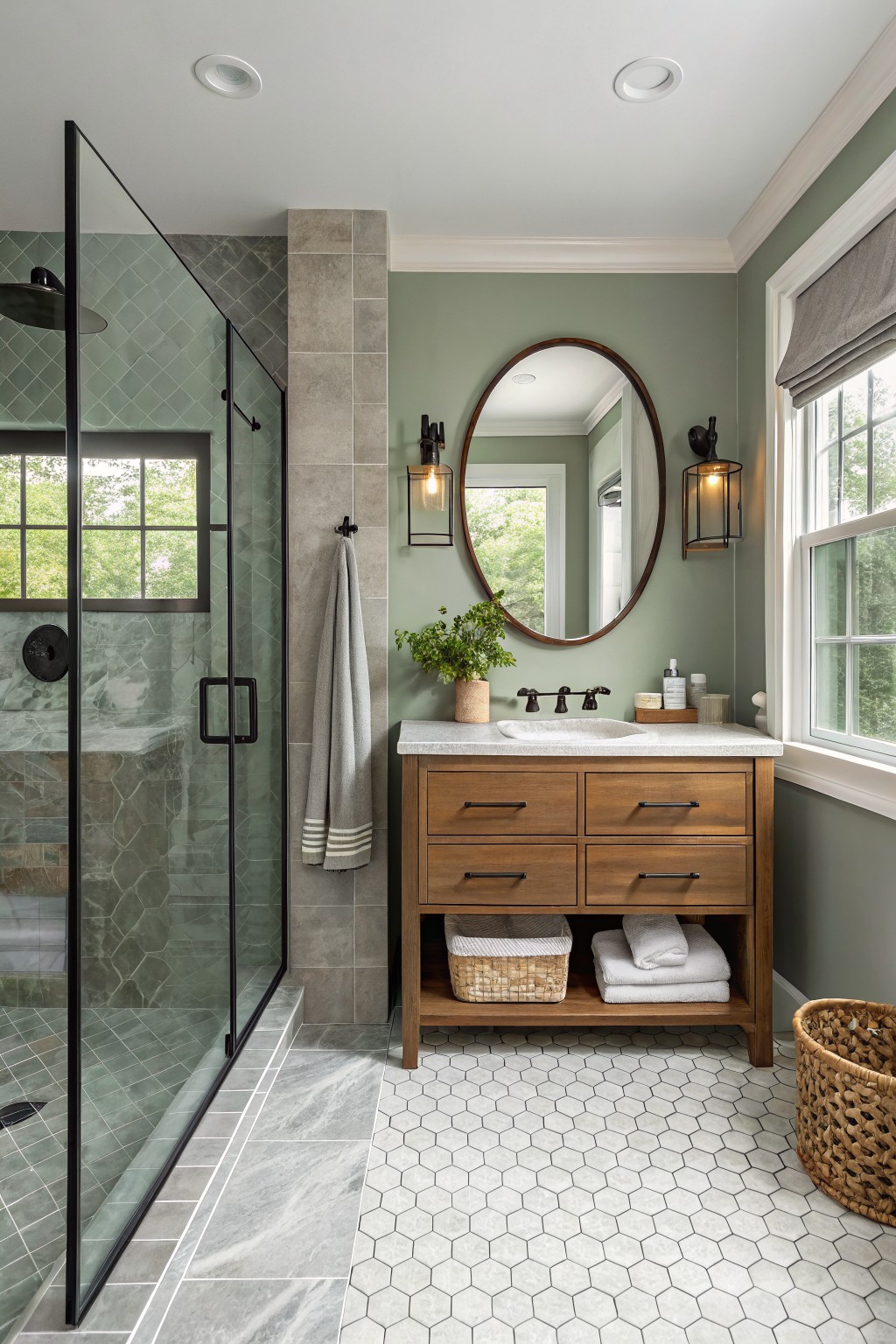 Bathroom walls painted in a soft sage green with a wooden vanity and marble countertop.