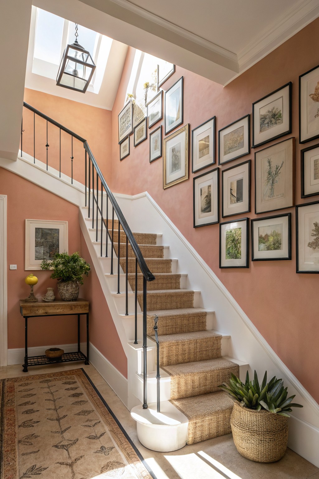 Warm peach walls in a stairwell with white trim and sisal stair runner.