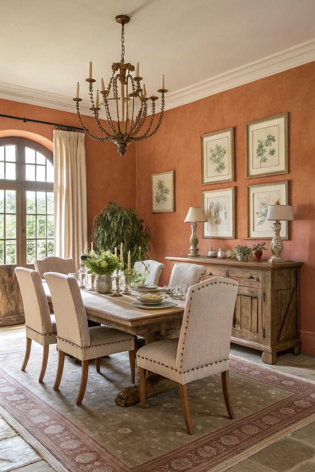 Dining room with warm terracotta walls and a rustic wooden table.