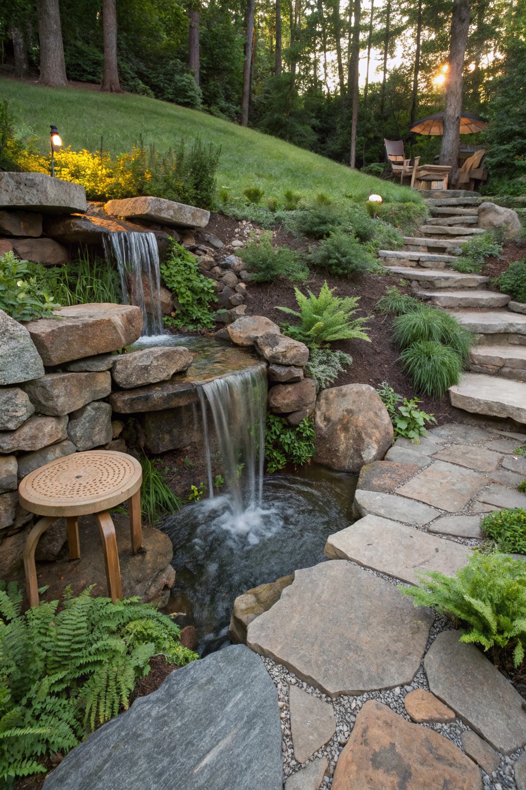 Sloped backyard with a multi-tiered rock waterfall flowing into a small stone-lined pool, surrounded by ferns and other plants, with flagstone steps leading up to outdoor seating under trees at sunset.